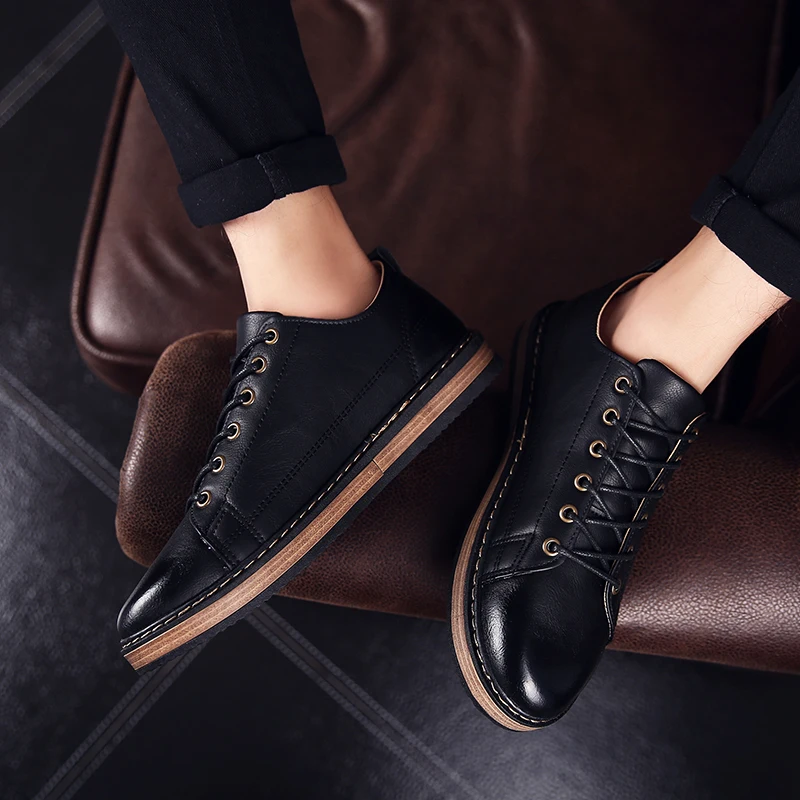 

Mazefeng Male British Style Leather Shoes Round Toe Flats Men Dress Shoes Lace-up Solid Business Leather Shoes Wear-resisting