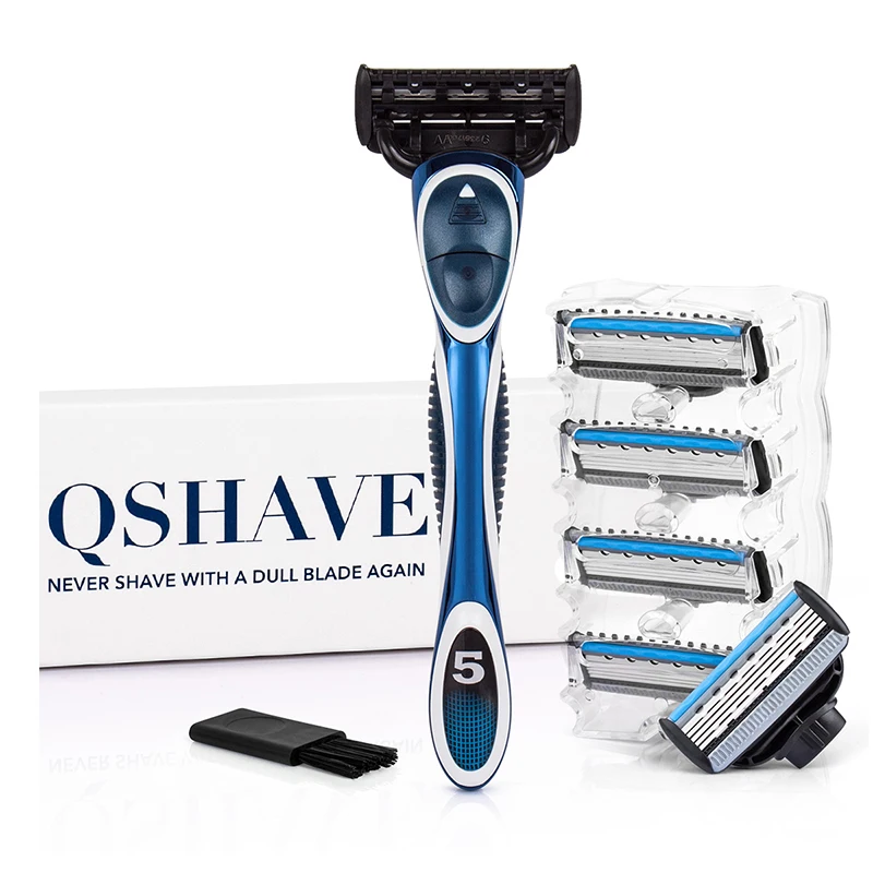 Online QShave Azul Mens Manual Trimmer Razor Máquina de Afeitar de Afeitar Puede Diseñar Nombre, 1 de la Manija y 6 Cartuchos (1 unid X3 Blade, 5 unids X5 Cuchilla)
