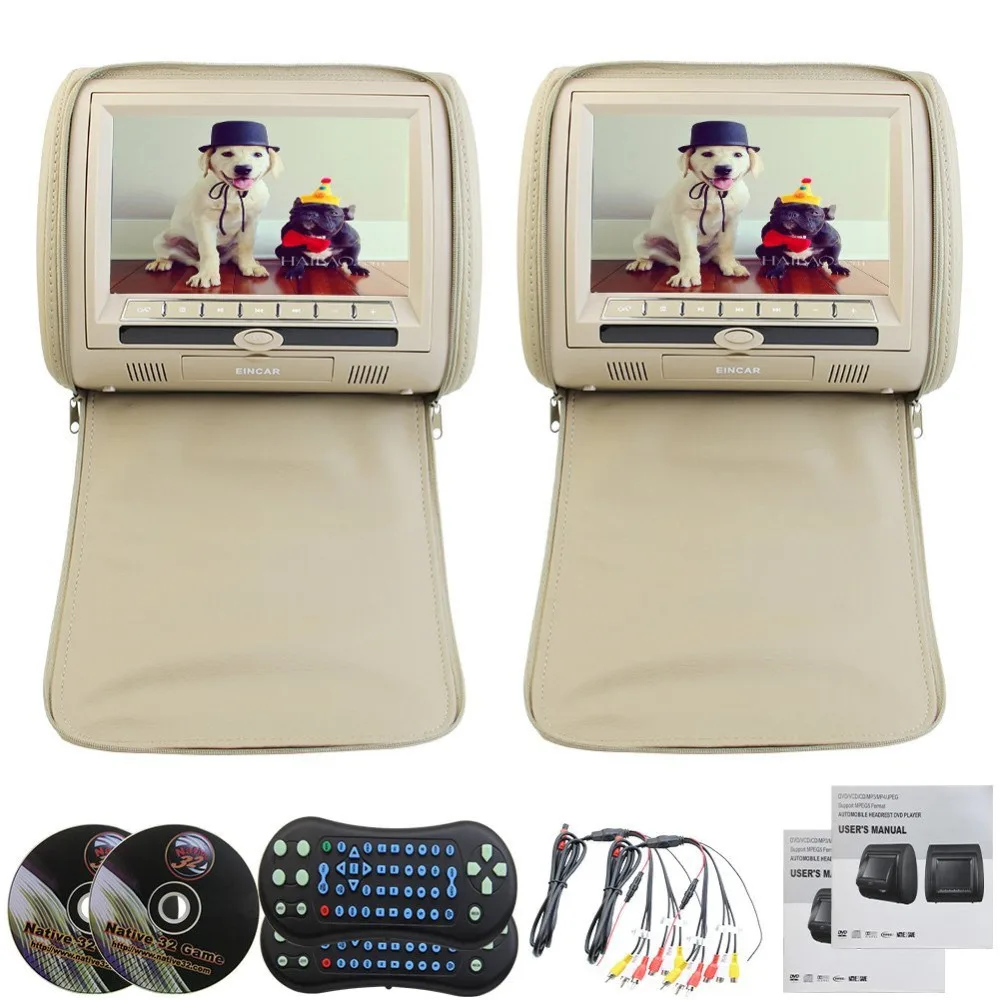 

car Pillow Zipper Cover 2X 9" HD Touch Screen Car Headrest DVD Player with 32 Bit Game+USB+SD+IR/FM transmitter+no IR headphones