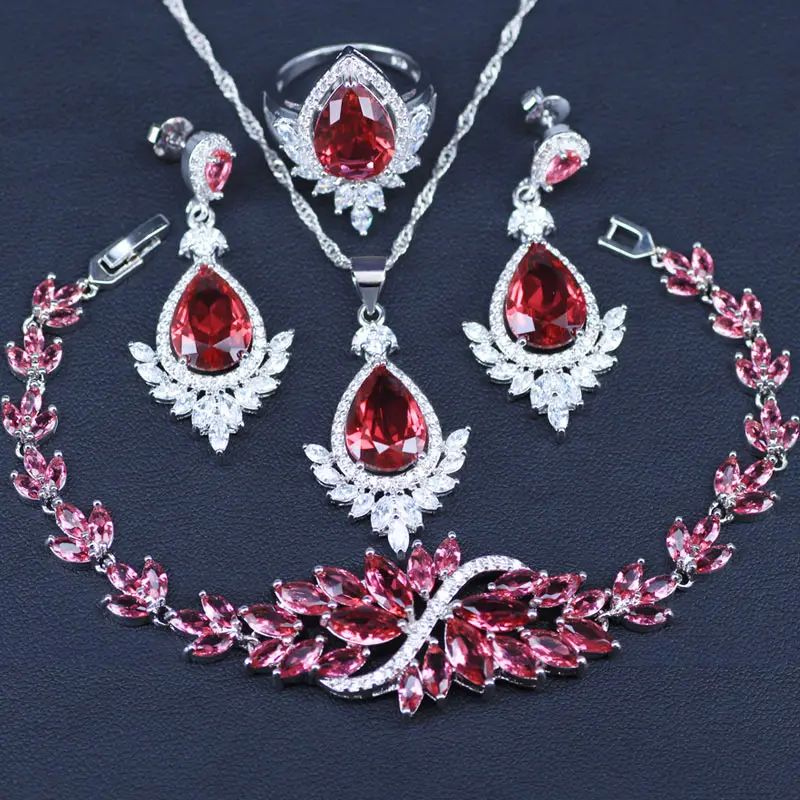 

925 Silver Jewelry Sets For Women Wedding Royal Rose Red Cubic Zirconia Earring Pendant Necklace Ring Bracelet Free Jewelry Box