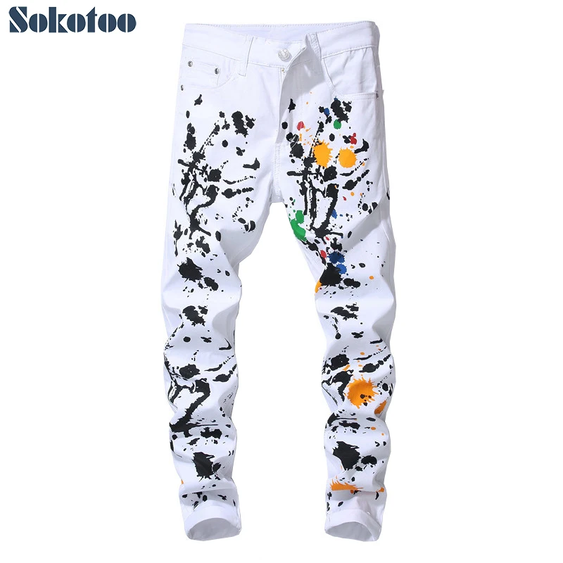 Men's colored ink painted printed white jeans Slim fit stretch pencil pants Men's colored ink painted printed white jeans Slim fit stretch pencil pants