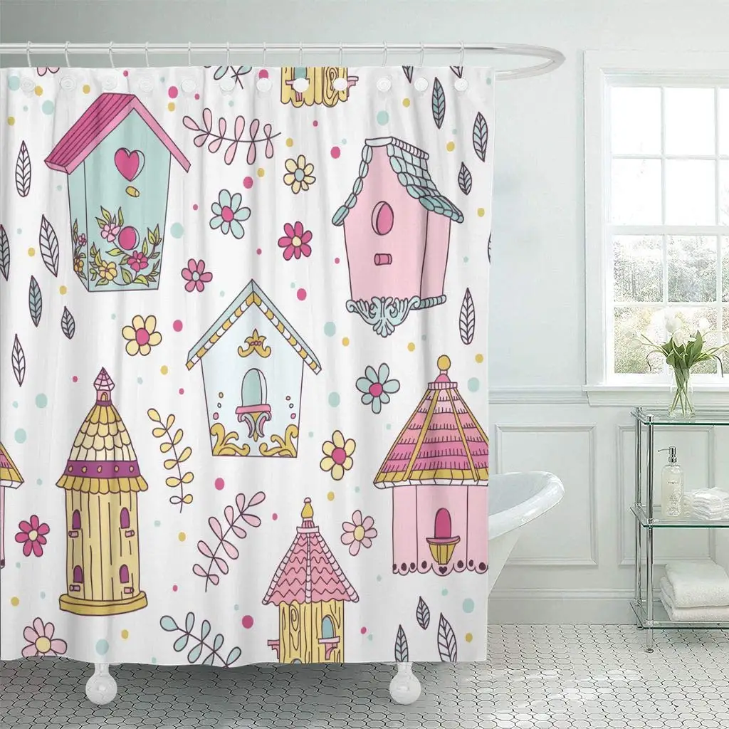 Fabric Shower Curtain with Hooks Flower Cute Bird House in Doodle Spring Vintage Baby Beautiful Beauty Birthday | Дом и сад
