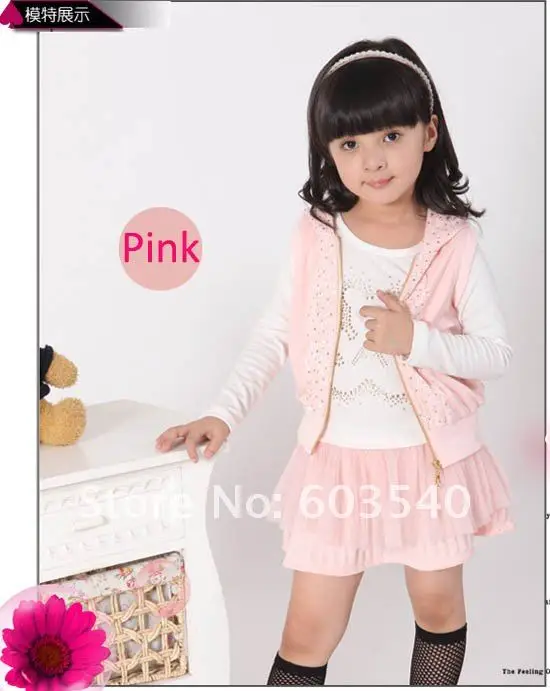 Autumn HOT little girls dress, Vest + shirt + skirt, three piece