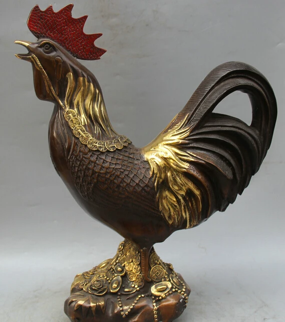 

18" Chinese Fengshui Bronze Gold Money Bag Rooster Rich Zodiac Year Cock Statue R0711