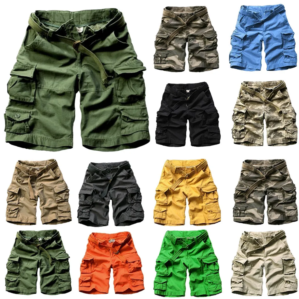 Для мужчин Летние мутиколоры выбран расслабляющий чистый цвет брюки карго удобные Five-cent мотобрюки хлопок поясом пляжные короткие штаны 5,11