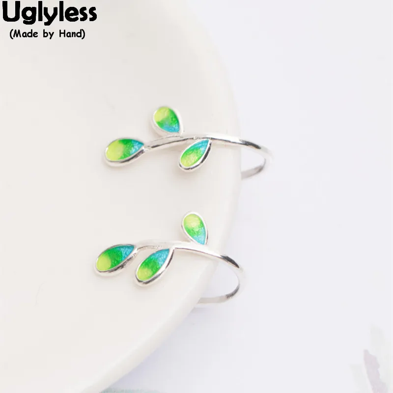 

Uglyless 100% Real 925 Sterling Silver Spring Element Enamel Leaves Earrings for Women Green Leaf Studs Girls Gift Brincos Bijou