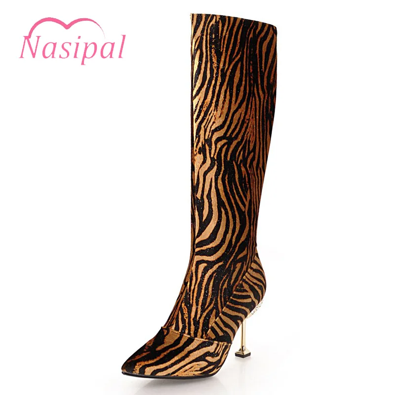 

Nasipal Black Red Wedding Shoes Knee High Boots High Heels Sapatos Mujer Pointed Toe Zipper Botas Femininos Big Size 43 M484