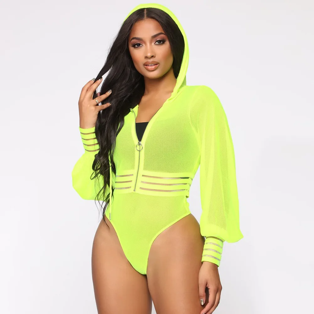 Mesh Hooded Zipper Sexy Bodysuits Neon Yellow Lantern Full Sleeve Casual Playsuits Holiday Club Romper Bodycon Jumpsuits Party