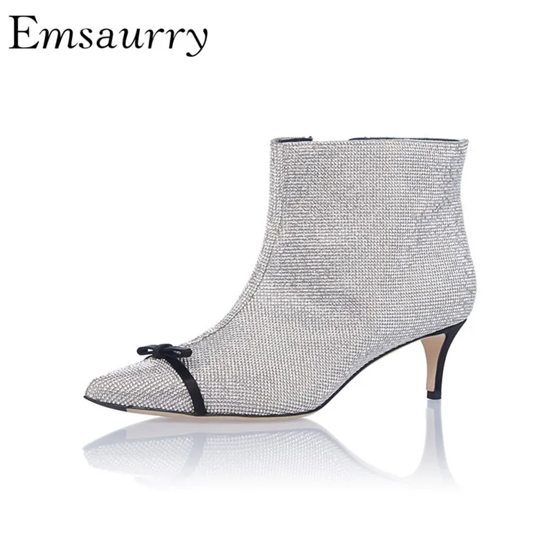 

New Chic Short Booties Women Point Toe 6cm Thin Heel Bowtie Hot Fix Rhinestone Fashion Runway Ankle Boots