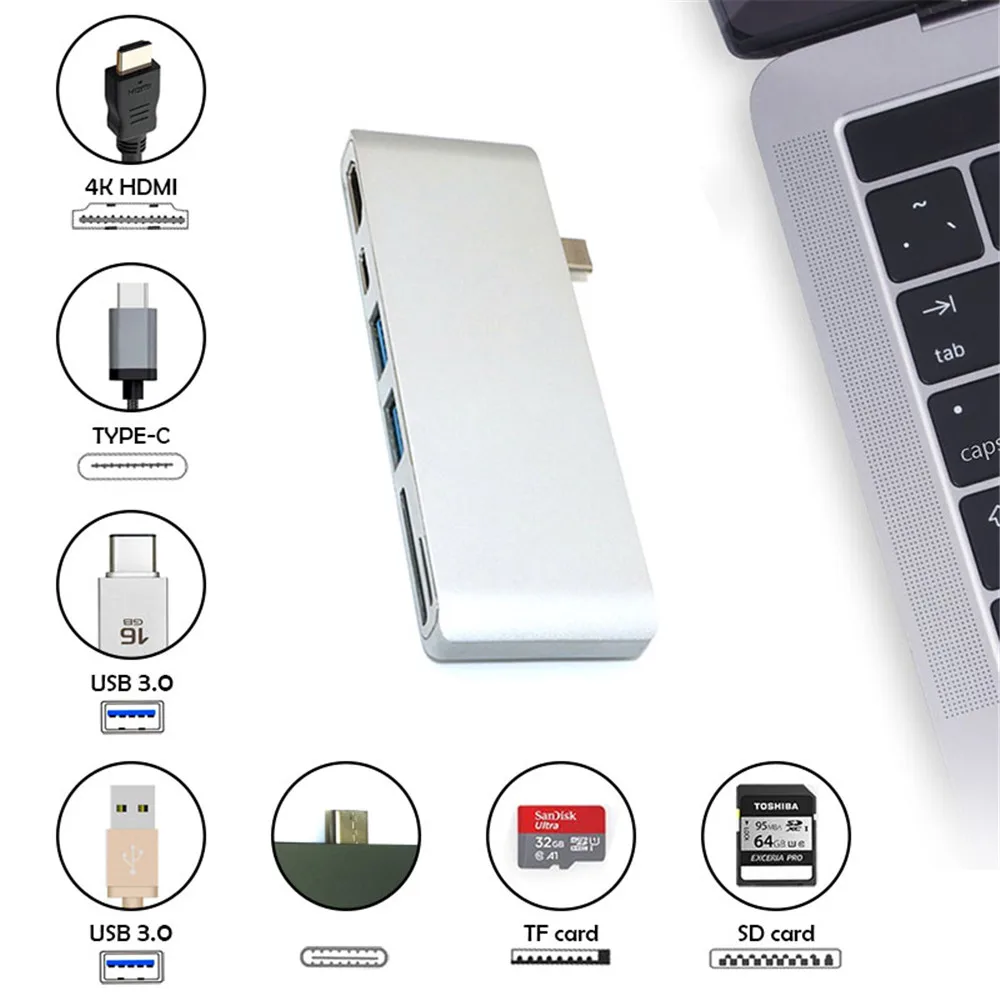 

Usb Type C hub 6 in 1 to HDMI 4K USB 3.0 adapter with SD/TF Card Reader Type C hub adapter for Macbook for Macbok pro