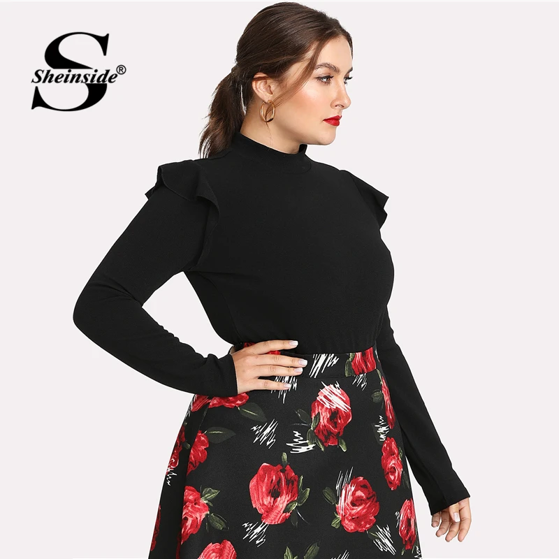 Sheinside زائد حجم عادي أسود حامل طوق عمال ارتداءها مكتب السيدات كم طويل تمتد كشكش النساء الخريف داخلية Sheinside زائد حجم عادي أسود حامل طوق عمال ارتداءها مكتب السيدات كم طويل تمتد كشكش النساء الخريف داخلية