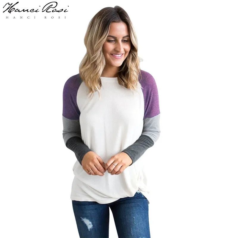 

HANCI ROSI Vogue T Shirt Women Tshirt Women T-shirt-women Dames Shirt Patchwork Long Sleeve Round Neck Casual Loose Streetwear