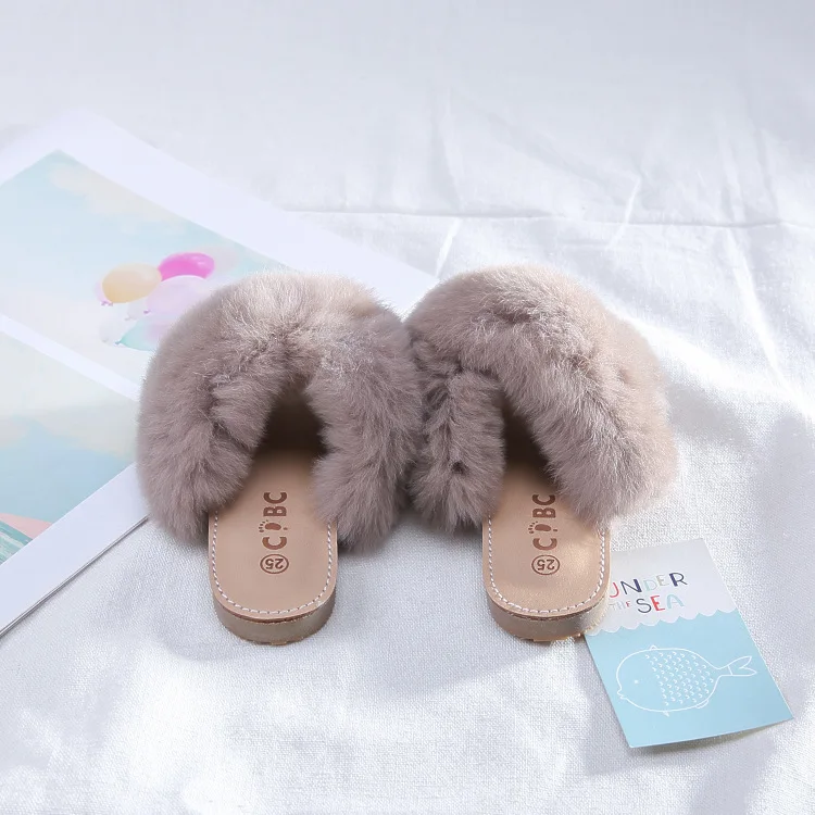 New Spring Plush Slippers Girls Slippers Real Rabbit Fur Shoes Open Toe Slippers All-match Childrens Shoes Summer Home Slippers