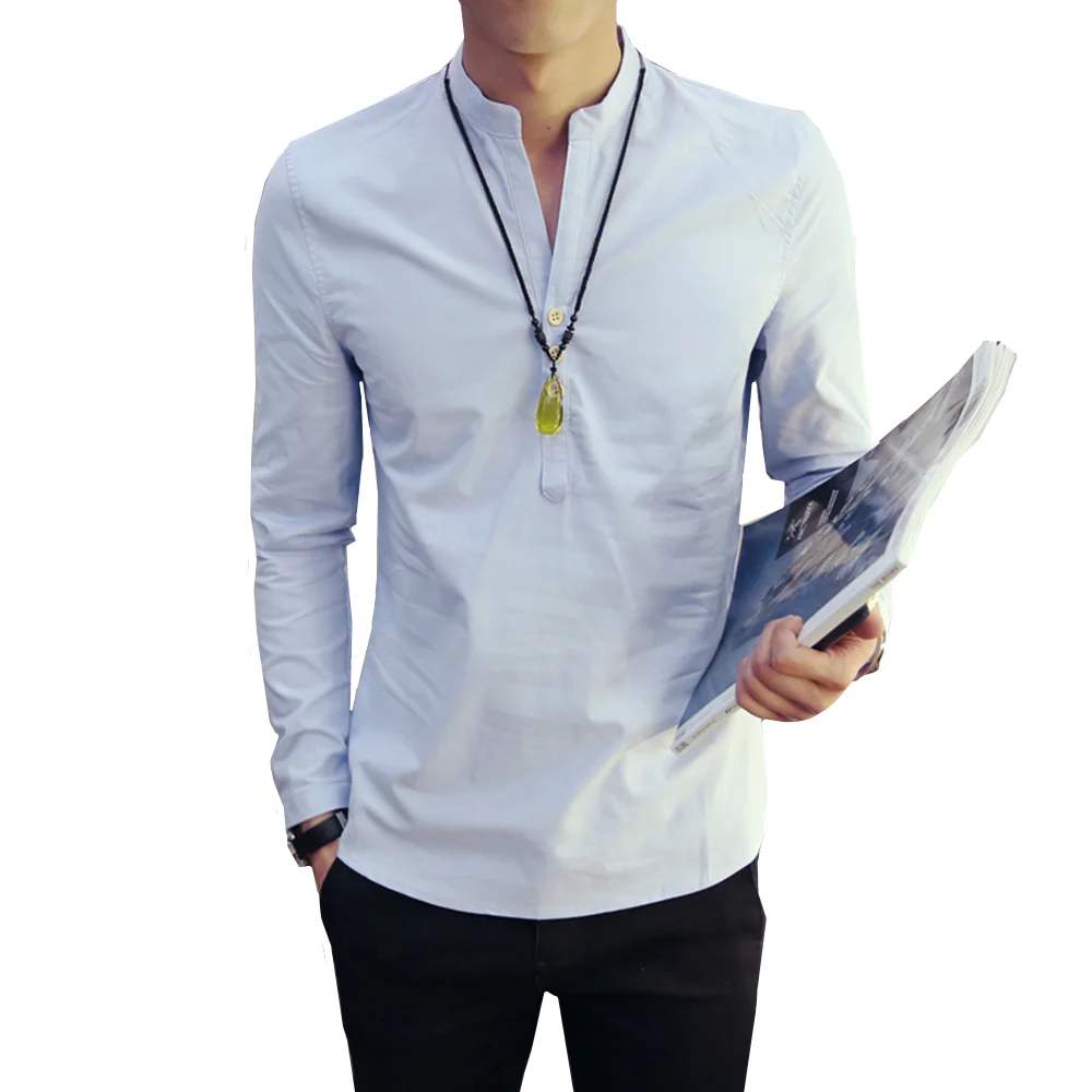 Горячая Распродажа летняя новая стильная китайская винтажная Стильная мужская рубашка с v-образным вырезом и длинным рукавом хлопковая льняная рубашка размера плюс 4XL