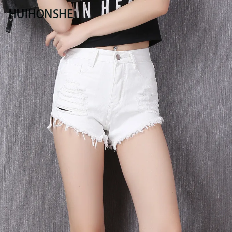 

HUIHONSHE European American BF summer wind female White high waist denim shorts women worn loose burr hole jeans shorts plus siz