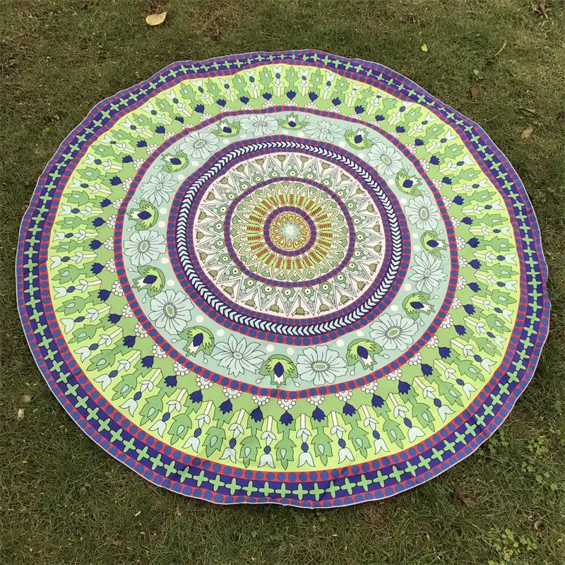 

Indian Tapestry Women Chic Green Flower Printed Bohemian Beach Mat Yoga Mat Sunblock Round Bikini Cover-Up Blanket