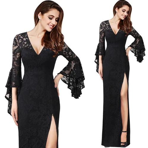 Vfemage, женское сексуальное платье с глубоким v-образным вырезом, с рюшами, с расклешенными рукавами, с разрезом, торжественное, вечернее, для вечеринки, бодикон, макси, длинное платье 1589 - Цвет: Black