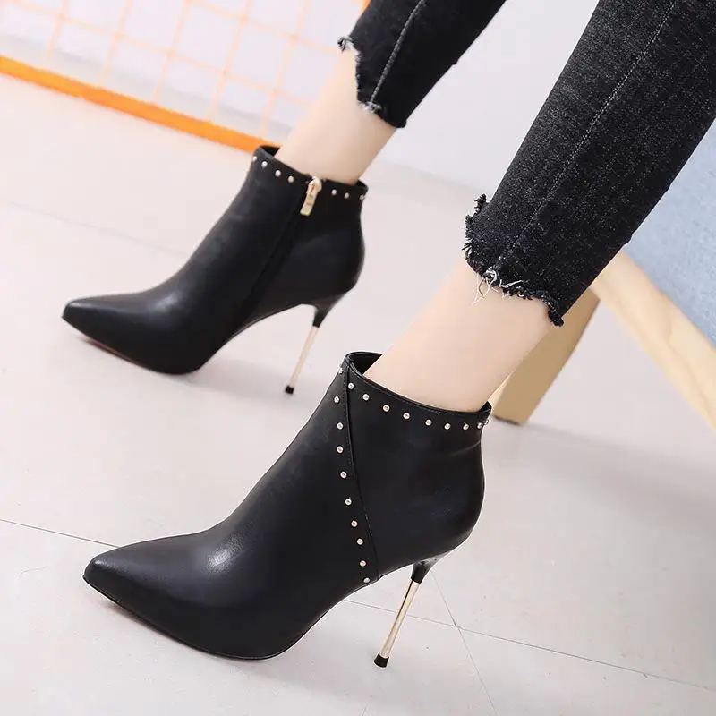

10cm steel with high heel stiletto bright leather booties female winter plus velvet thickening 2019 new sexy patent leather