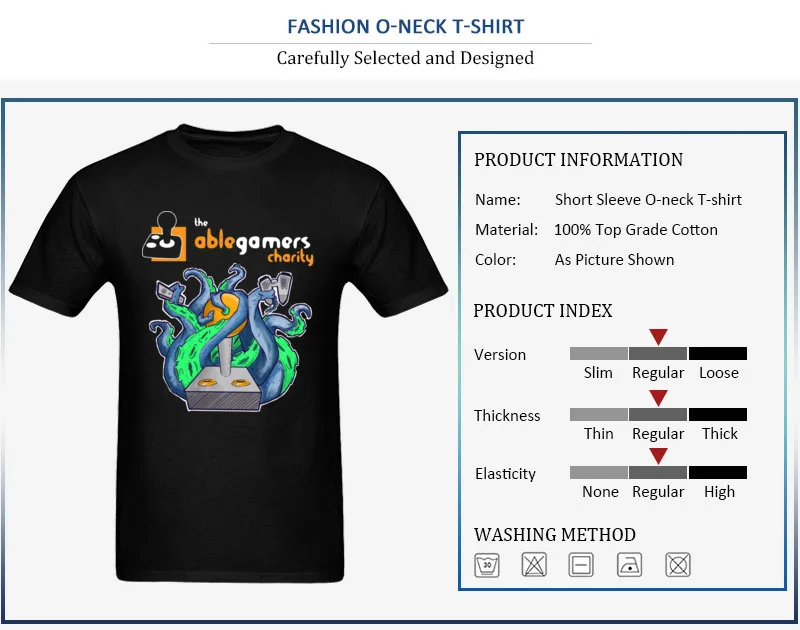 Casual Able Gamers Charity Octopus Tops & Tees for Men Hip Hop Fall Crew Neck 100% Cotton Short Sleeve T-shirts Normal Tee Shirt Able Gamers Charity Octopus