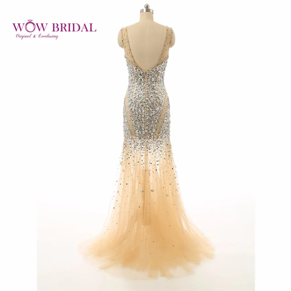Wowbridal Бисера Кристалл Рукавов Русалка Тюль Вечернее Платье Длинные 2016 Суд Поезд