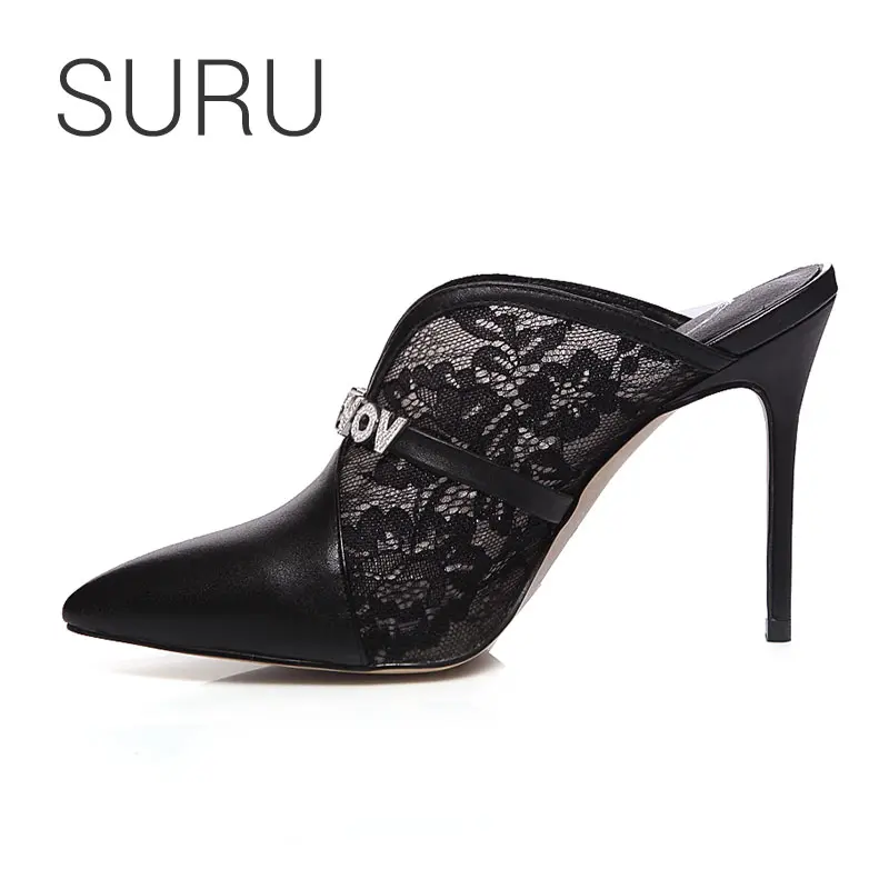 

SURU Ladies 5" Leather Mules Shoes Women Pointed Toe 10cm High Heels Slippers with crystal letter details