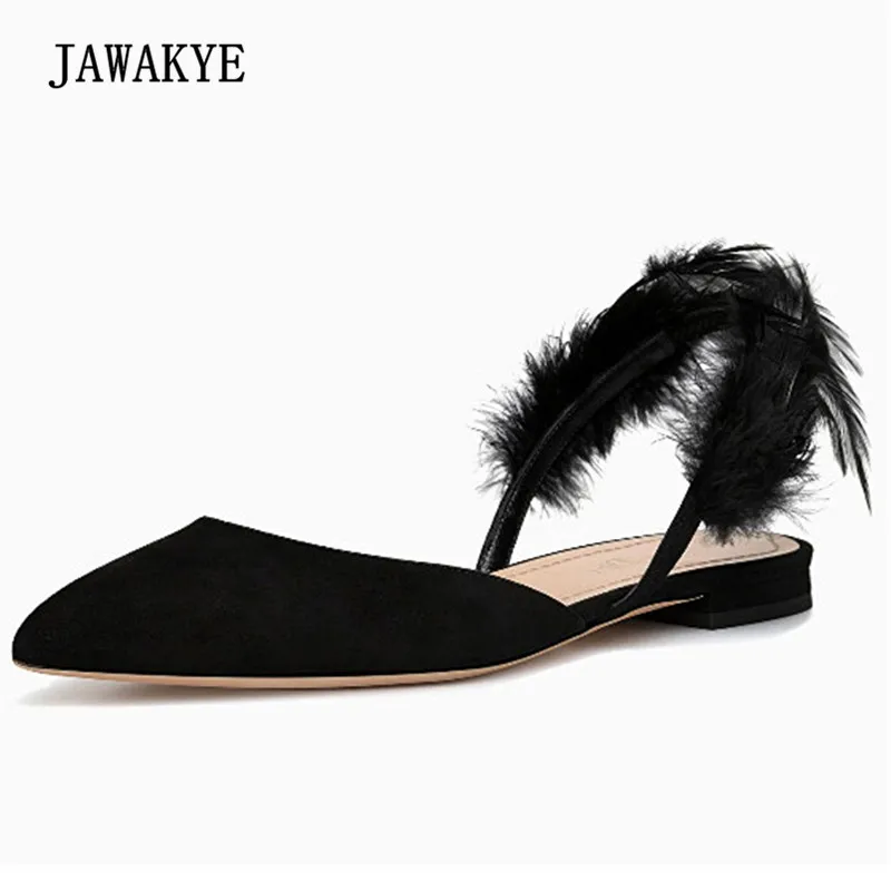 

Newest Black Feather Gladiator Sandals Woman Pointed Toe Ankle Strap Black Suede Flat Shoes Women Sexy Slipper Sandals