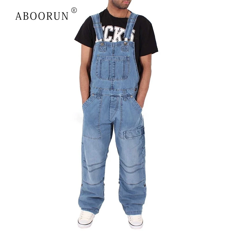 

ABOORUN Men's Fashion Denim Jumpsuits Multi Pockets Denim Bib Overalls Loose Cargo Jeans for Male R1040