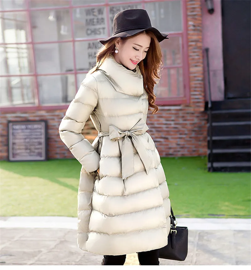Осень-зима, Женская куртка средней длины из хлопка, приталенная парка с юбкой, теплое пальто со стоячим воротником, Manteau Femme ST309 - Цвет: Beige