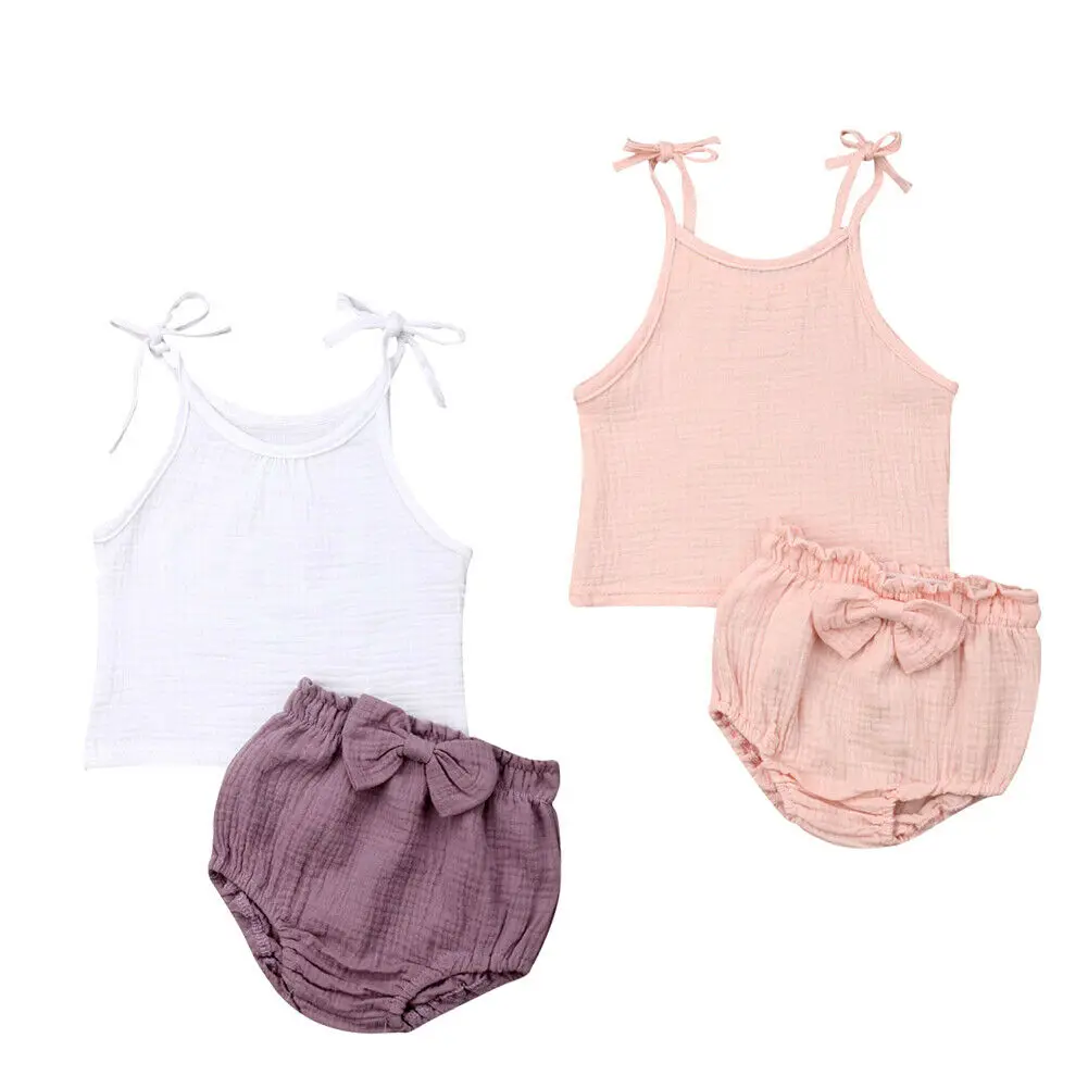 

2019 New Toddler Baby Girls Summer Clothes Strappy Tank Tops+ Bowknot Shorts Set Cotton Outfit 1-5T