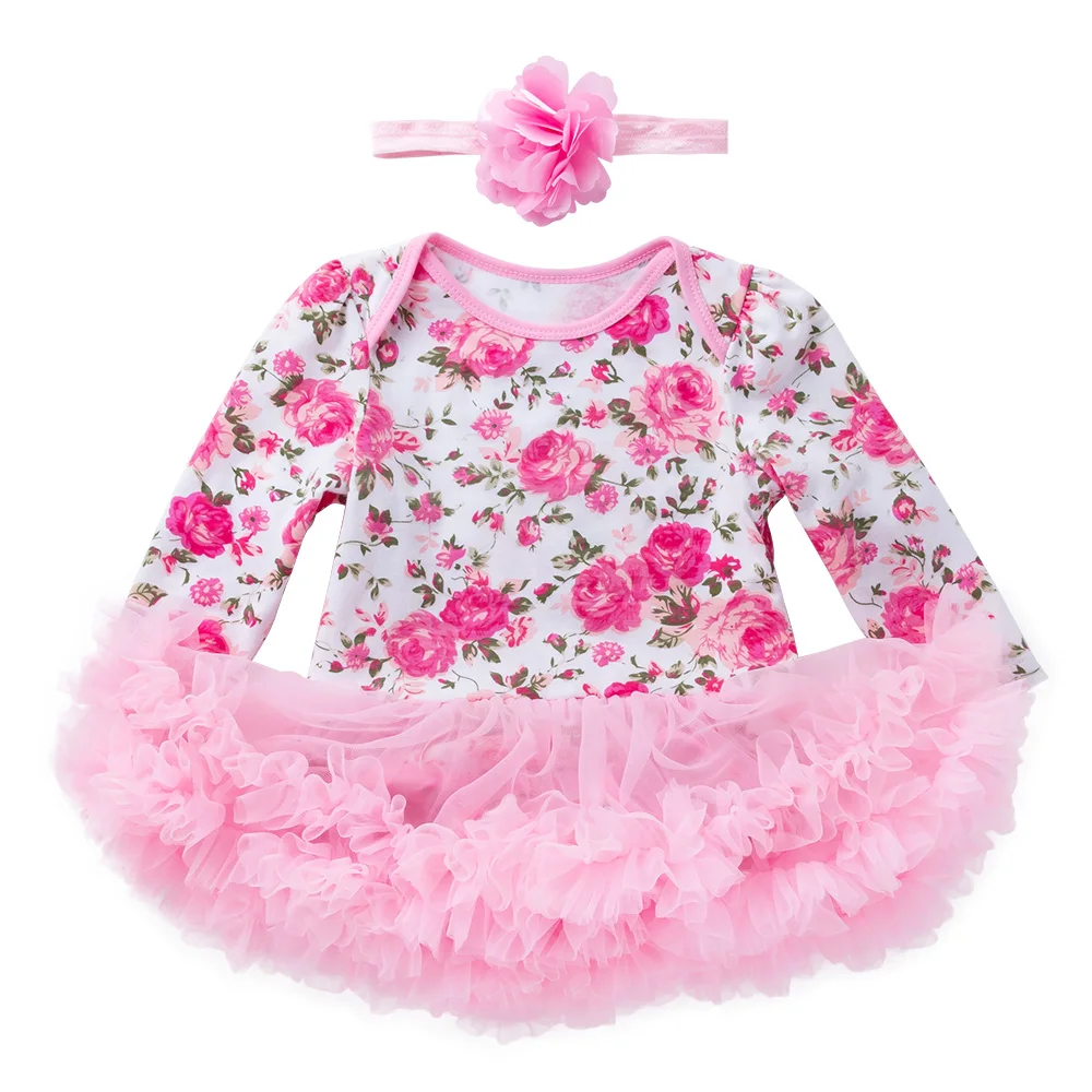 

Flower Print Baby Romper Dress Long Sleeve Girl Clothes Cotton Jumpsuit with Headband Lovely Newborn Girl Christening Gown Dress