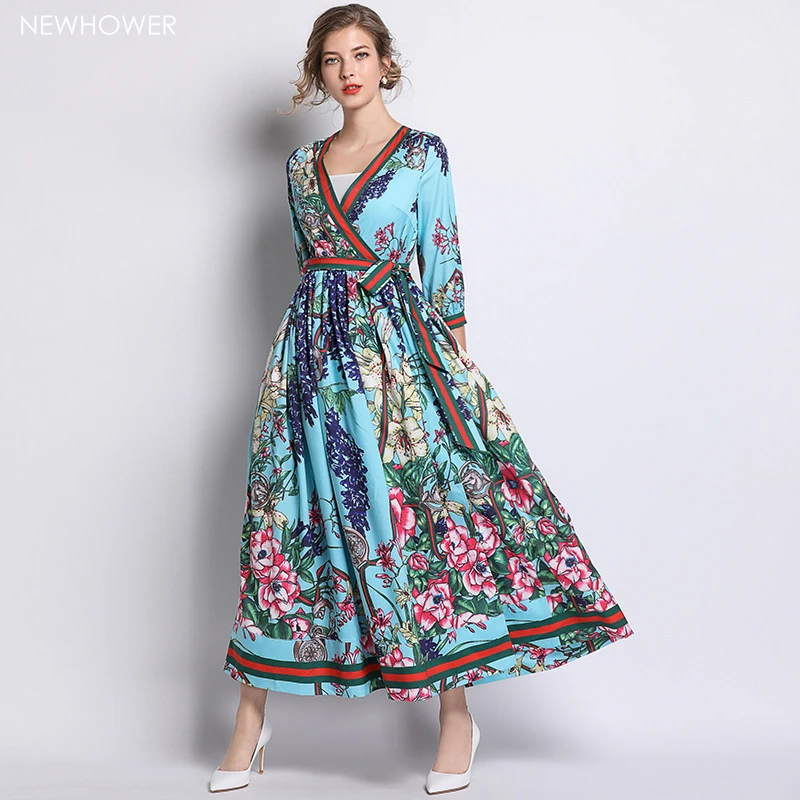 

Spring 2019 New style Fashionable vogue Women's V-neck dress waist-retractive large low hem pleated long one-piece dress printed