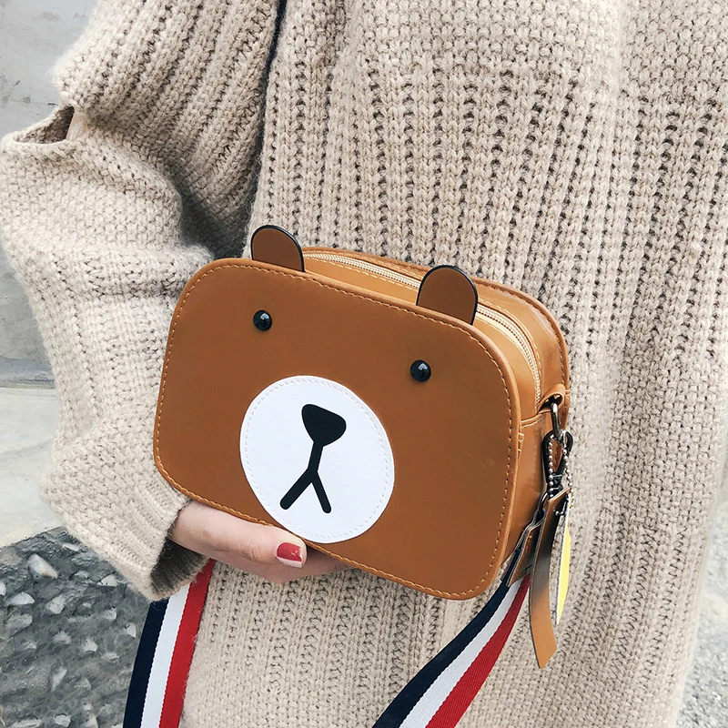 

New Designer lovely Small Bear Messenger Bag Brand Women Leather Handbags Wide Strap Shoulder Bag Girls Lolita Novelty Funny Bag