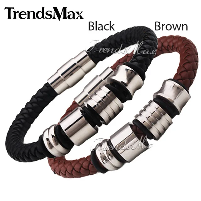 Trendsmax Mens Boys Leather Bracelet Braided Rope Bead Charm Black Trendsmax Mens Boys Leather Bracelet Braided Rope Bead Charm Black Brown Male Wristband Stainless Steel Magnetic