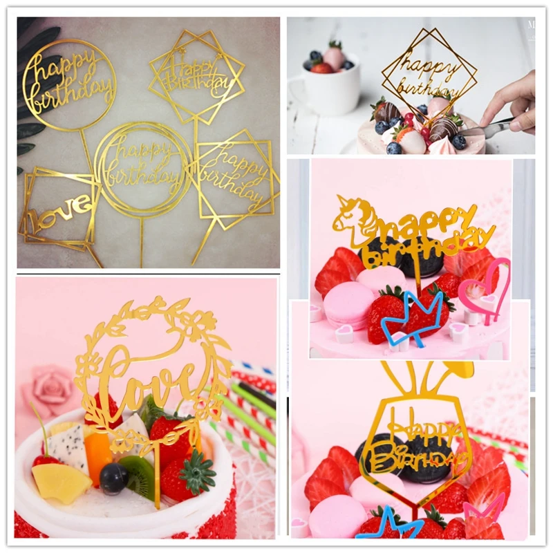 

1pc Various Letter Happy Birthday Cake Insert Baking Decoration Custom Creative Flag Acrylic Double-sided Mirror Card Supplies
