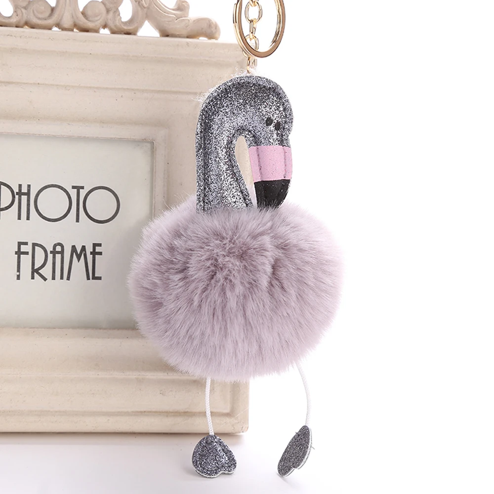 

Fashion Cute Cartoon Flamingo Keychain Pompom Fluffy Plush Keychain Handbag Car Decor Key Buckle Key Ring Key Chains