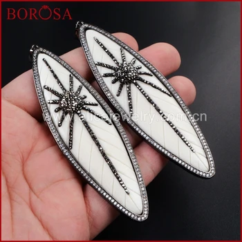 

BOROSA Druzy Jewelry 3pcs Big Marquise Black Color Natural White Bone Carved Leaf Pendant Bead Paved Zircon WX076