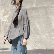 Лето Для женщин лен хлопок серая куртка с длинными рукавами в стиле ретро Повседневное футболка D216