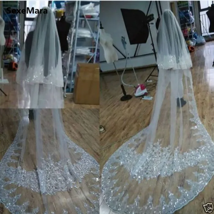 

Real Photos White Ivory Wedding Veil Two Layers Lace Sequins Beaded Soft Net Customized Bridal Wedding Veil with Comb
