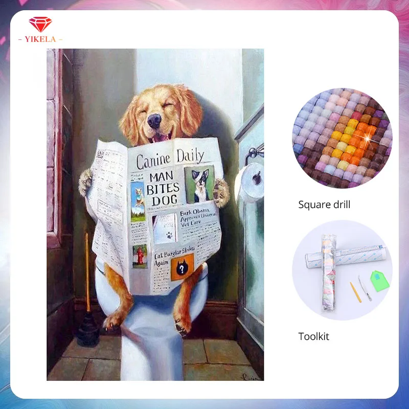 

YIKELA DIY 5D Diamond Painting Full Drill Square Diamond Embroidery Patterns Dog Newspaper Home Decoration Cross Stitch Mosaic