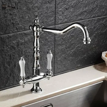 

Double Handle Kitchen Faucet Chrome Hot and Cold Water Mixer Crane 360 Degree Swivel Single Hole Water Tap ELK1001