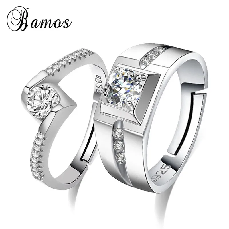 Bamos, геометрическое циркониевое регулируемое кольцо, набор для мужчин и женщин, белое золото, обручальные кольца, уникальные ювелирные изделия, подарок на день Святого Валентина