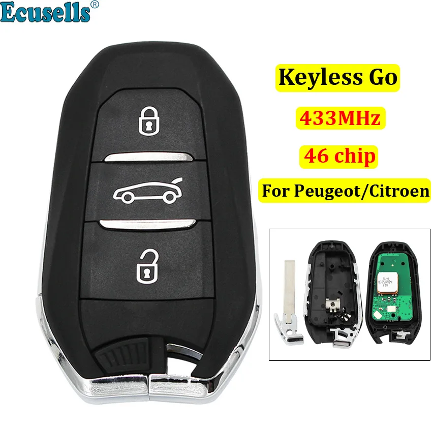 

DS smart keyless go remote key 3 buttons 433MHz PCF7945 46 chip for Peugeot 308 508 for Citroen C4 DS4 DS5 emergency key HU83