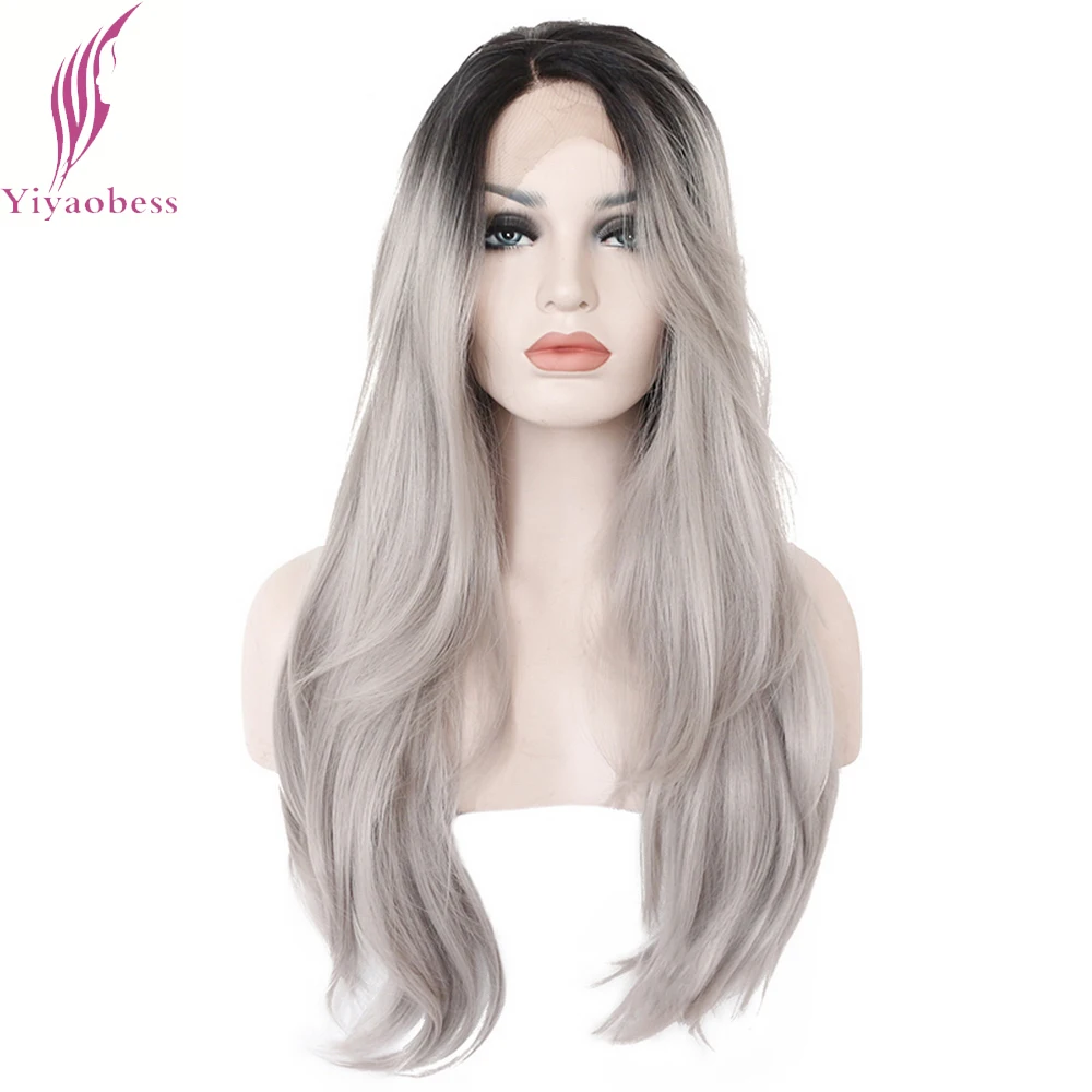 Yiyaobess 26inch Dark Roots Grey Ombre Lace Front Wig Synthetic Hair