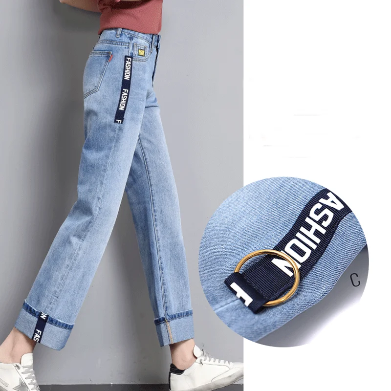 Mom Jeans with stripe summer 2018 women jeans with side pockets Wide Leg Pants mid rise new arrival denim trousers AA3503 a