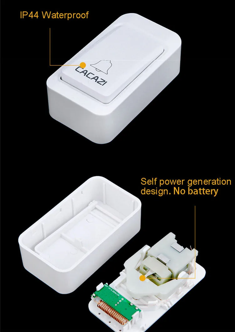 CACAZI автономным питанием беспроводной дверной звонок Водонепроницаемый без батареи дверной звонок штепсельная вилка американского