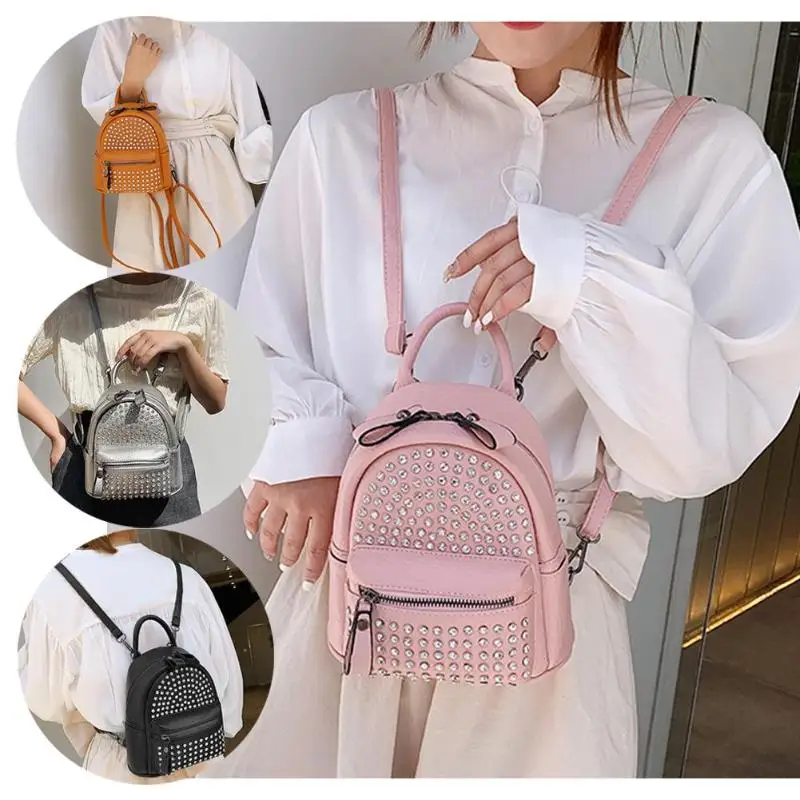 Rivet Rhinestone Backpack Women PU Leather Messenger Knapsack Fashion Girls Teen Schoolbags Travel Shoulder Bag Mini Back Pack