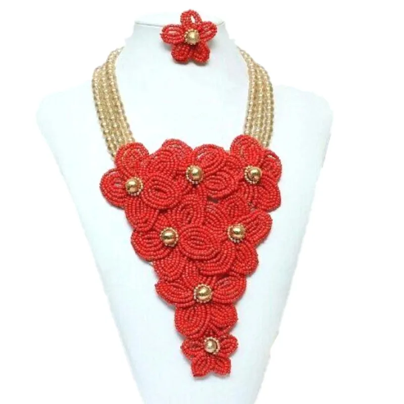 

4ujewelry Jewelry Sets For Nigerian Women Red & Gold African Jewellery Sets Handmade Braid Flowers Bridal Necklace Luxury 2018