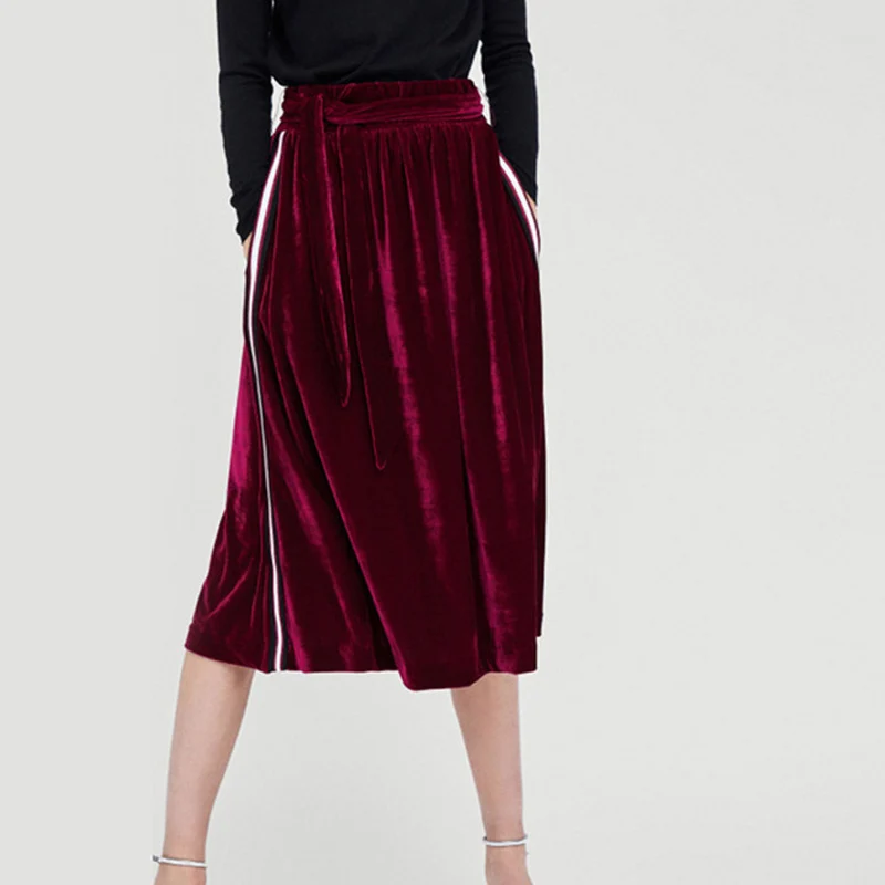 

Side Striped Velvet Pleated Women's Midi Skirt High Waist Sashes Spring Skirts Women 2019 Fashion Zipper Clothes Female Burgundy