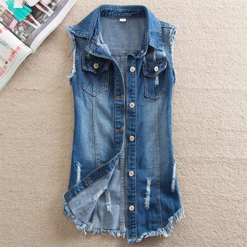 

Women Denim Vest New Spring Autumn Jacket Vintage Jeans Vests Long Jacket Plus Size 4XL 5XL Female Casual Hole Waistcoats M22
