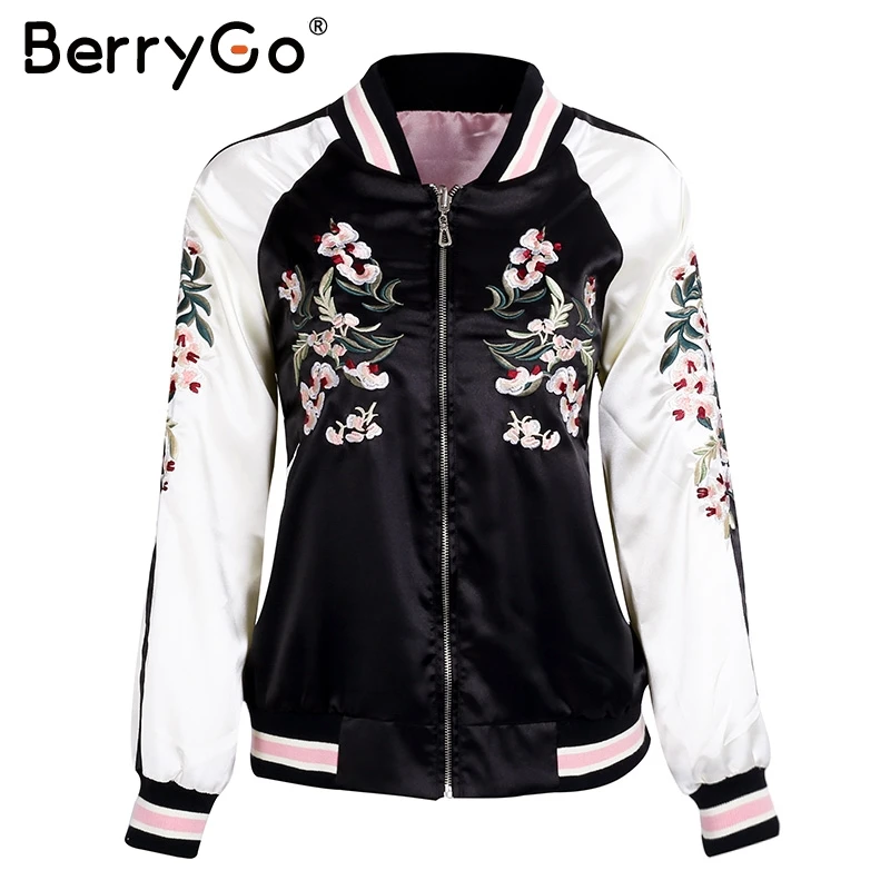 BerryGo Reversible embroidery satin jacket coat Autumn winter 2017 street basic jackets women Casual baseball jackets sukajan BerryGo Reversible embroidery satin jacket coat Autumn winter 2017 street basic jackets women Casual baseball jackets sukajan